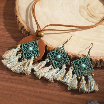   Винтажные серьги в стиле бохо с полой геометрической кисточкой для женщин Кожаные круглые деревянные ювелирные изделия ручной работы