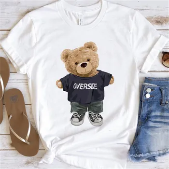  Женская футболка с принтом уличной моды Футболка с милым медведем Топ Повседневная универсальная одежда Милый стиль Милое лето с коротким рукавом свободный