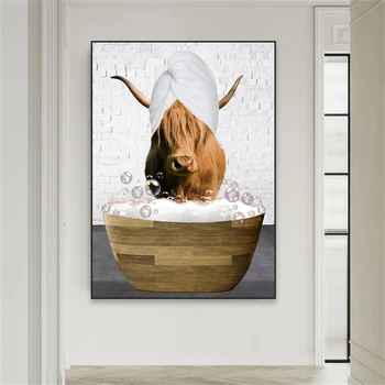  Забавные принты в ванной комнате Корова в ванной Плакат Милое животное Туалет Юмор Холст Живопись Корова В Ванне Искусство Домашний Декор Ванной