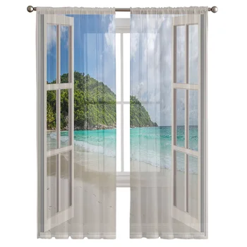 Летний пляж за окном Прозрачная штора для гостиной Спальня Вуаль Драпировка Кухня Окно Тюлевые шторы Предметы домашнего обихода