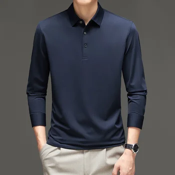  Мужская футболка с длинными рукавами Весна Новая тонкая высококачественная рубашка с низом Деловая повседневная мужская рубашка-поло